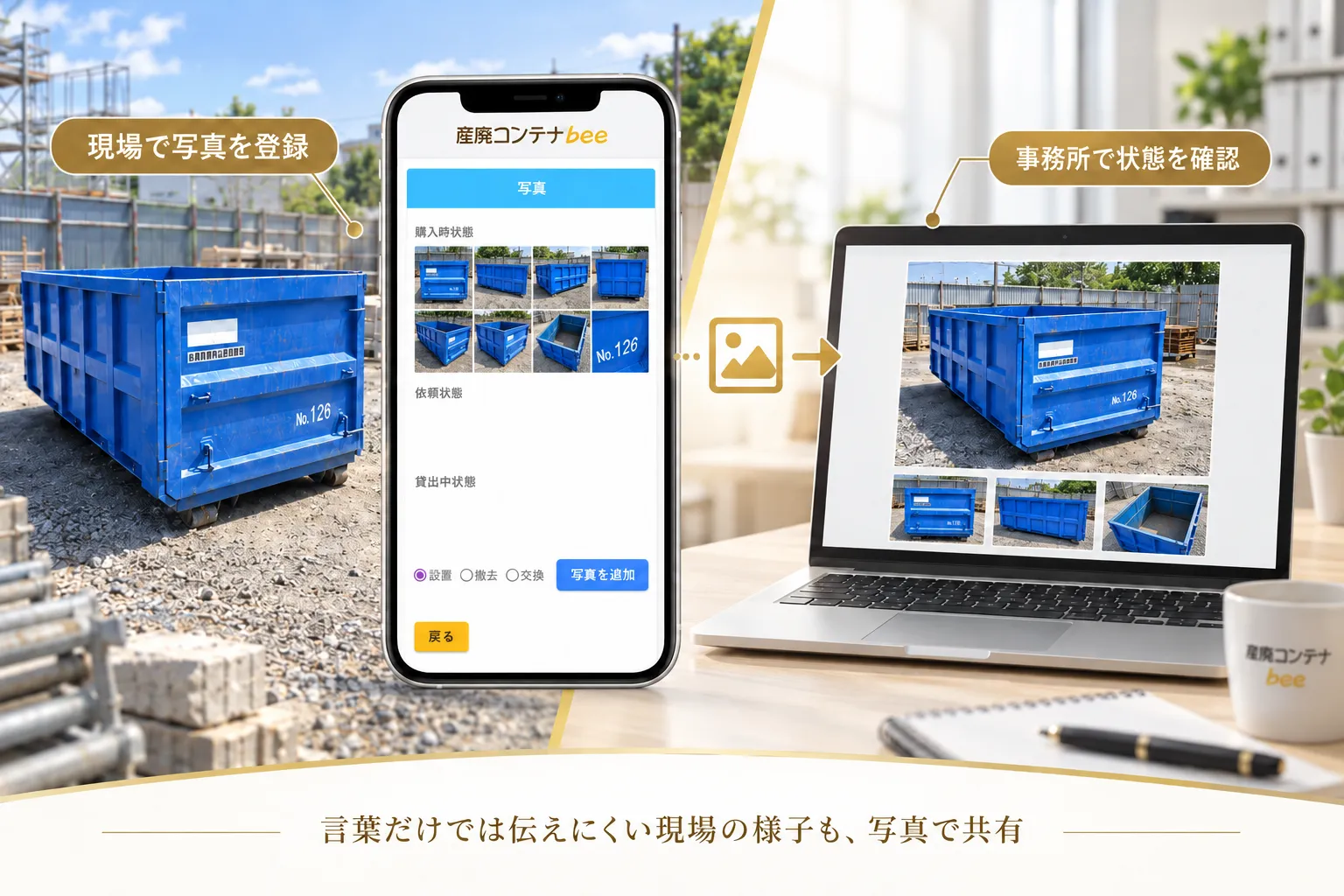 コンテナの状態や周囲の様子を現場写真で確認できる画面