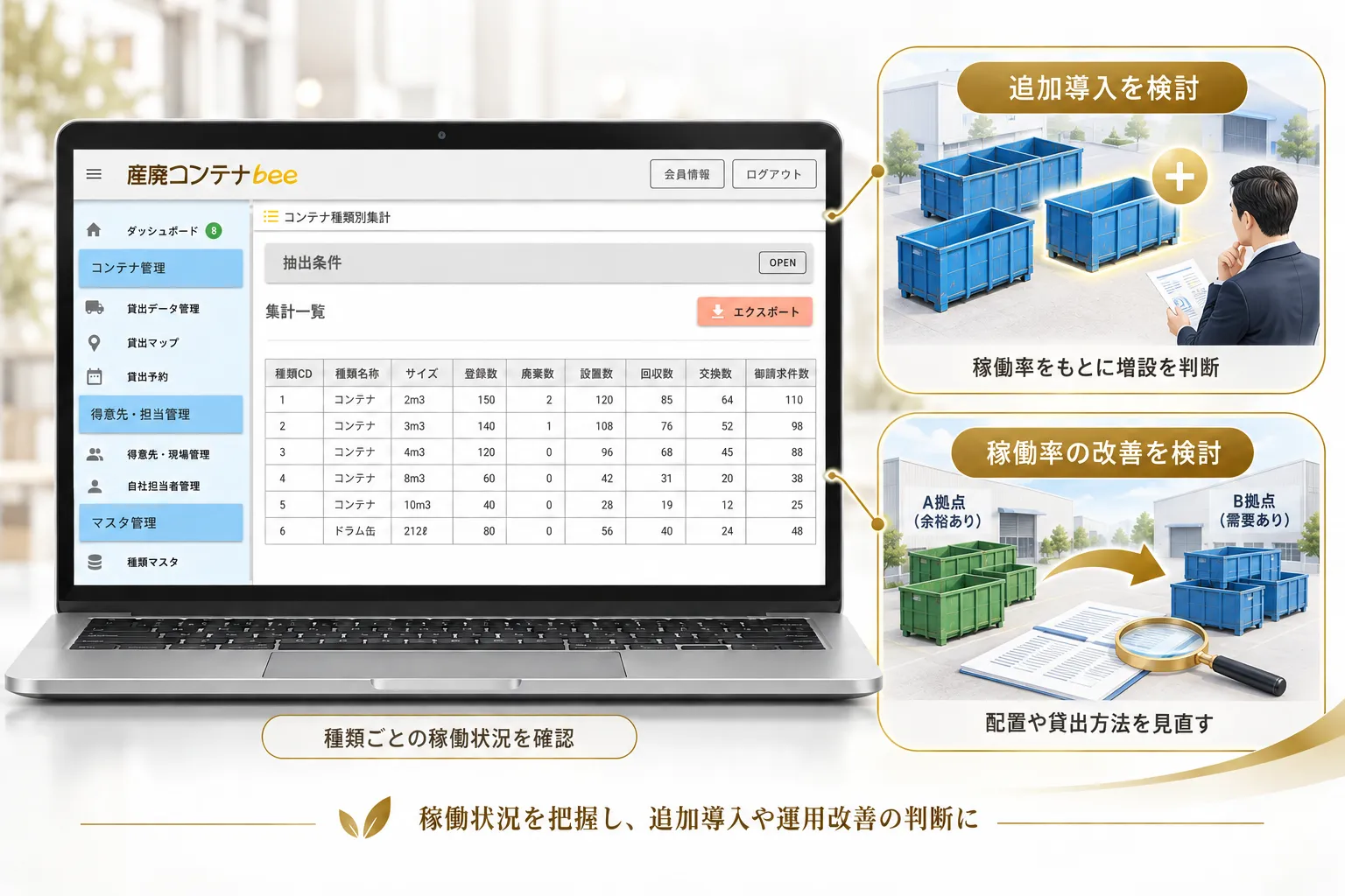 コンテナの貸出状況や設置日数、設置場所を一覧とマップで確認できる画面